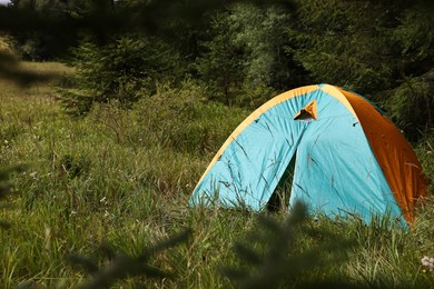 Tent on green grass in mountains, space for text