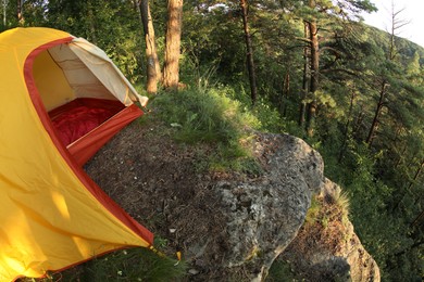 Photo of Modern camping tent in forest at summer. Fisheye lens effect