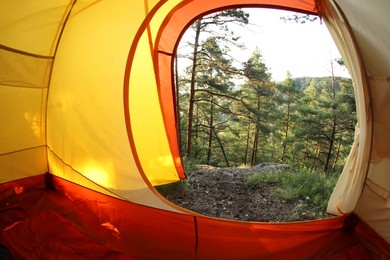 Photo of Modern camping tent in wilderness at summer, view on forest through window