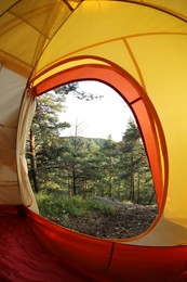 Photo of Modern camping tent in wilderness at summer, view on forest through window