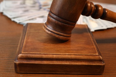 Alimony. Judge's gavel and sound block on wooden table, closeup