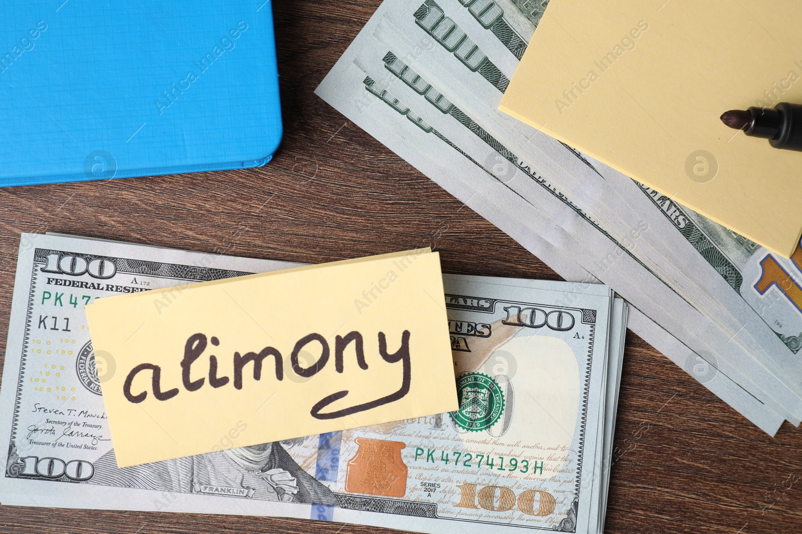 Photo of Card with word Alimony, dollar banknotes, felt pen and notebook on wooden table, top view