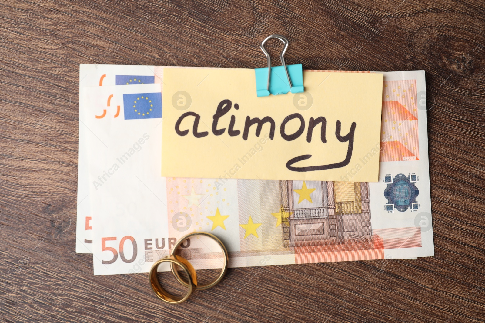 Photo of Card with word Alimony, euro banknotes and rings on wooden table, top view