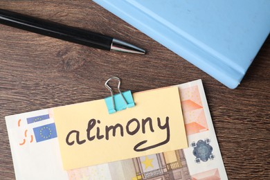 Photo of Card with word Alimony, euro banknotes, notebook and pen on wooden table, top view