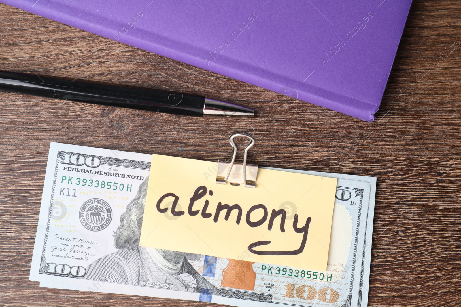 Photo of Card with word Alimony, dollar banknotes, notebook and pen on wooden table, top view