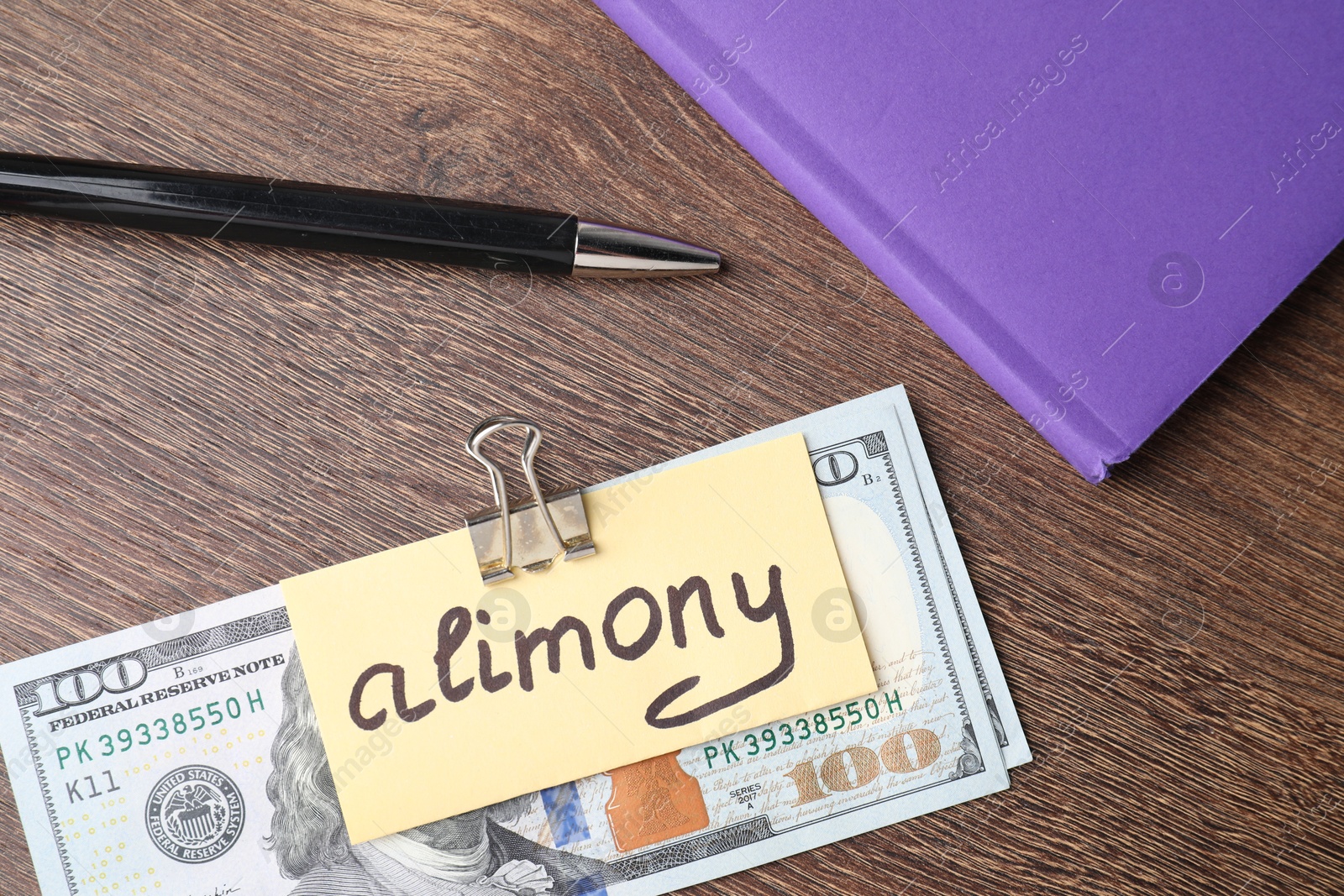 Photo of Card with word Alimony, dollar banknotes, notebook and pen on wooden table, top view