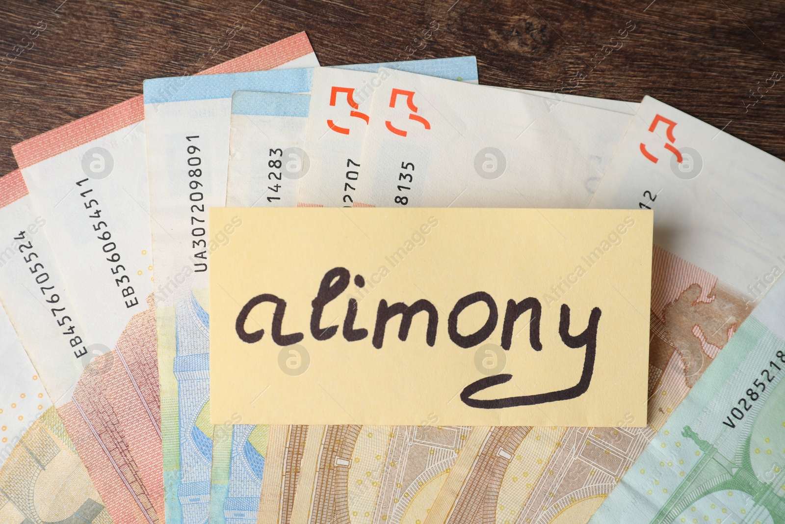 Photo of Card with word Alimony and euro banknotes on wooden table, top view