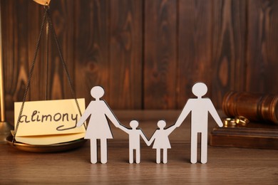 Photo of Card with word Alimony, figures of family, scales, rings and gavel on wooden table