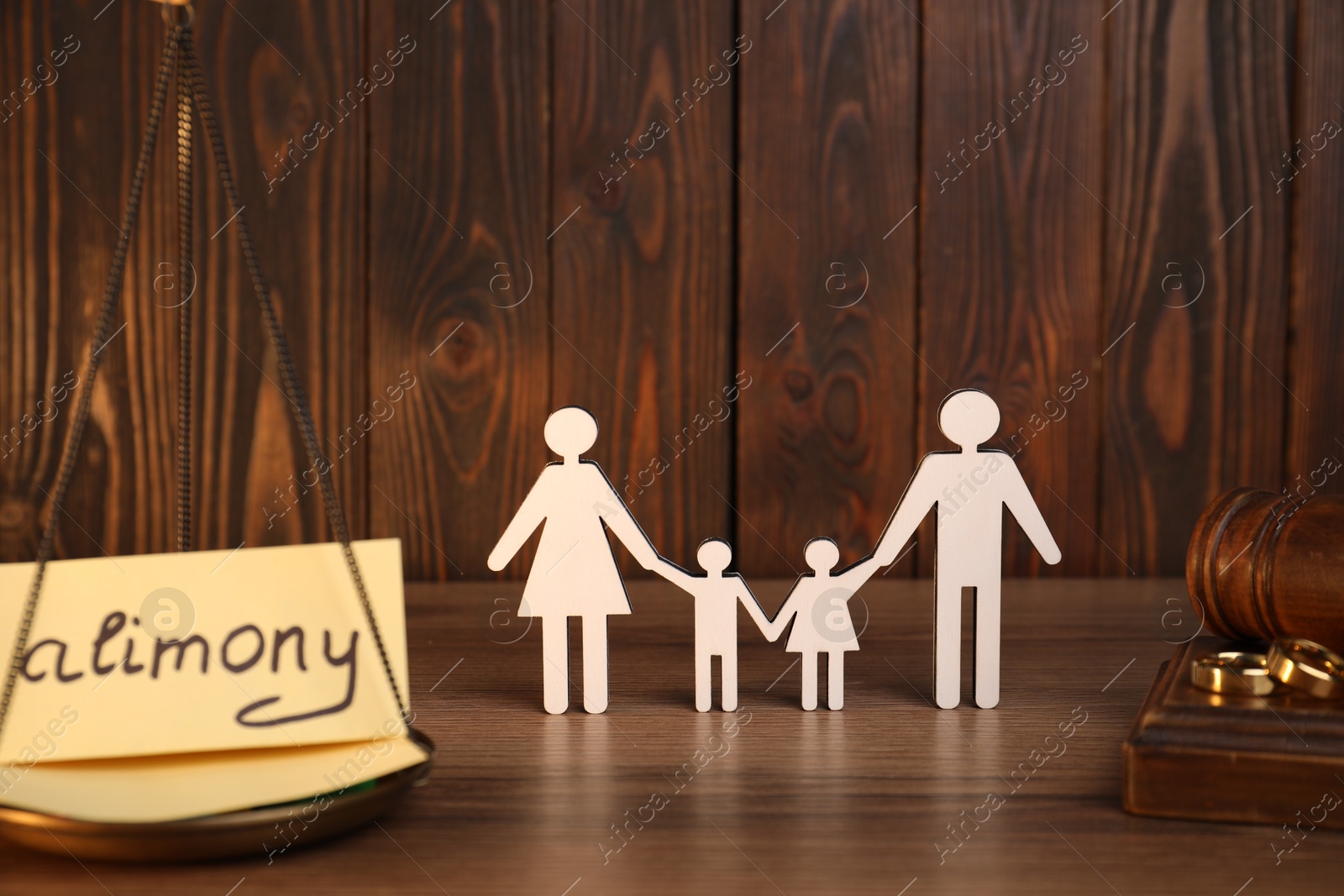 Photo of Card with word Alimony, figures of family, scales, rings and gavel on wooden table