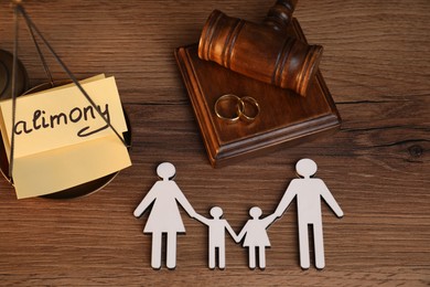 Card with word Alimony, figures of family, scales, rings and gavel on wooden table, above view