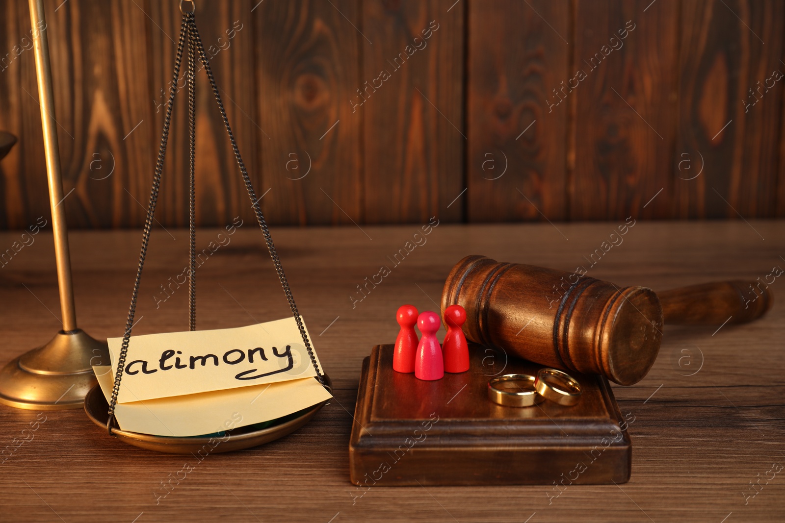 Photo of Card with word Alimony, human figures, scales, gavel and rings on wooden table