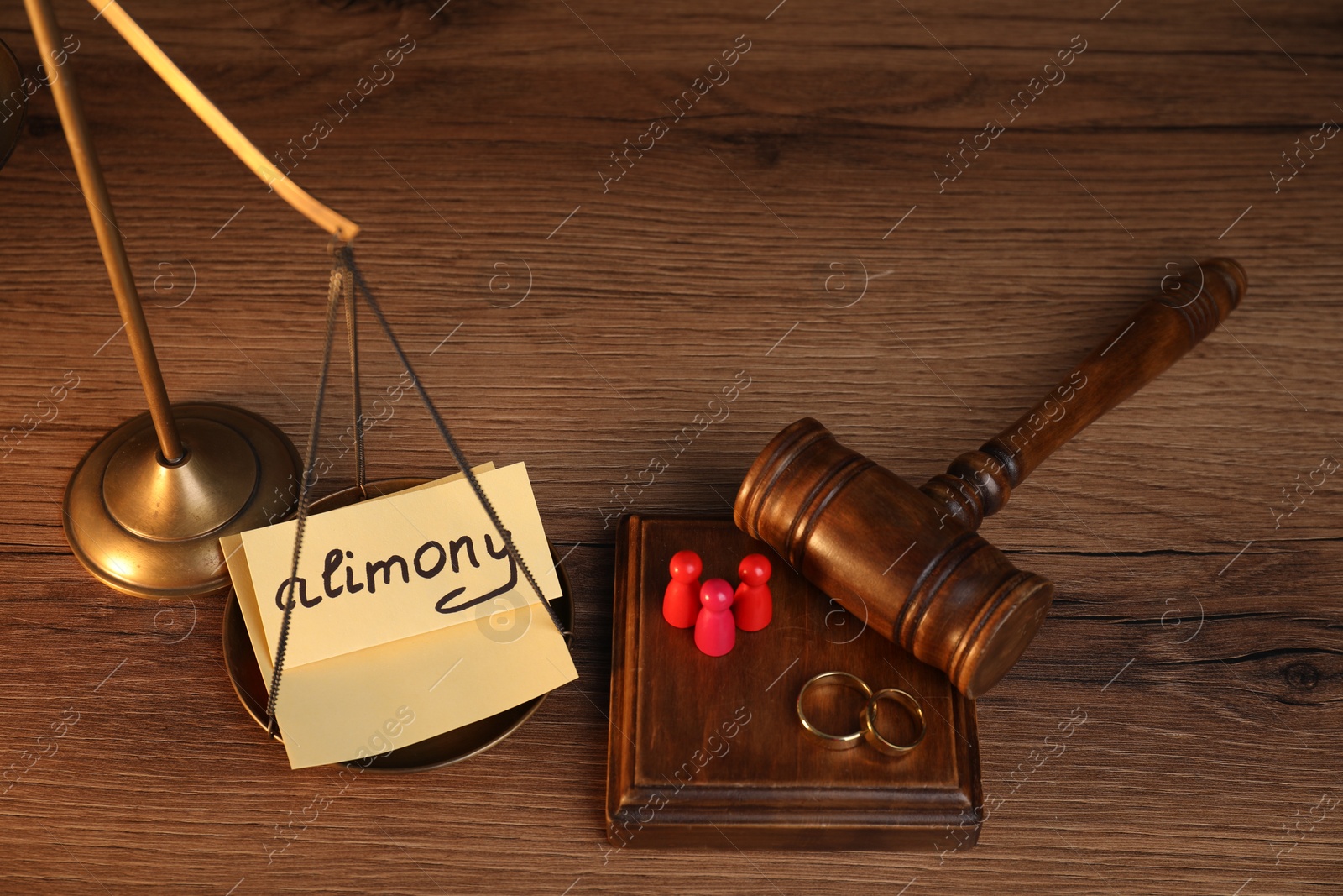 Photo of Card with word Alimony, human figures, scales, gavel and rings on wooden table