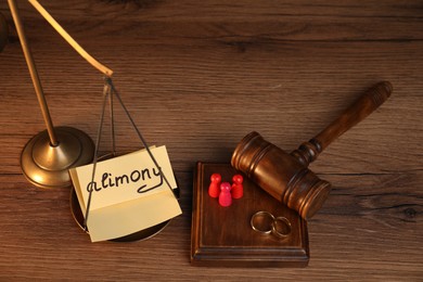 Card with word Alimony, human figures, scales, gavel and rings on wooden table