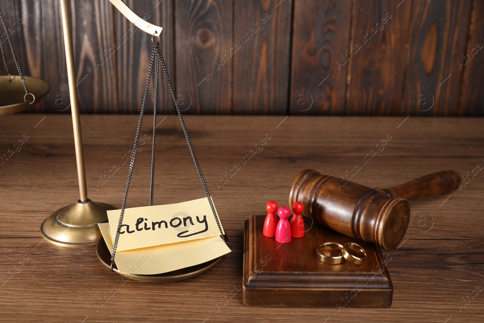 Photo of Card with word Alimony, human figures, scales, gavel and rings on wooden table