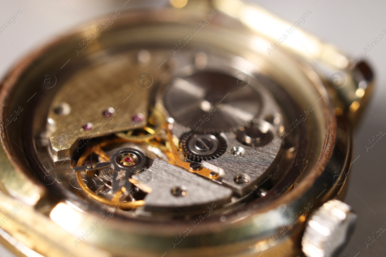 Photo of Mechanism of vintage wrist watch on light background, closeup