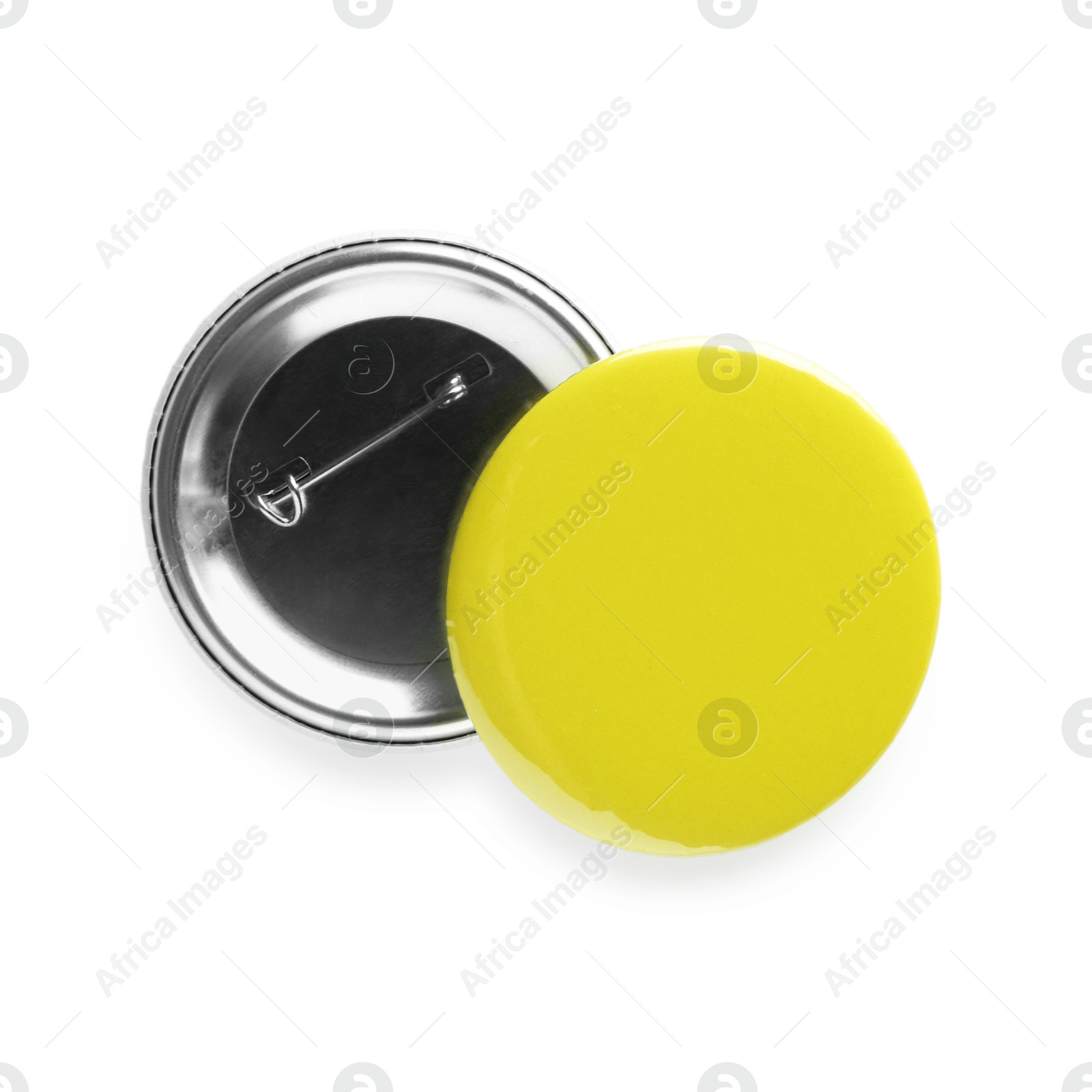 Photo of Button badges isolated on white, top view. Mockup for design