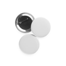 Photo of Button badges isolated on white, top view. Mockup for design