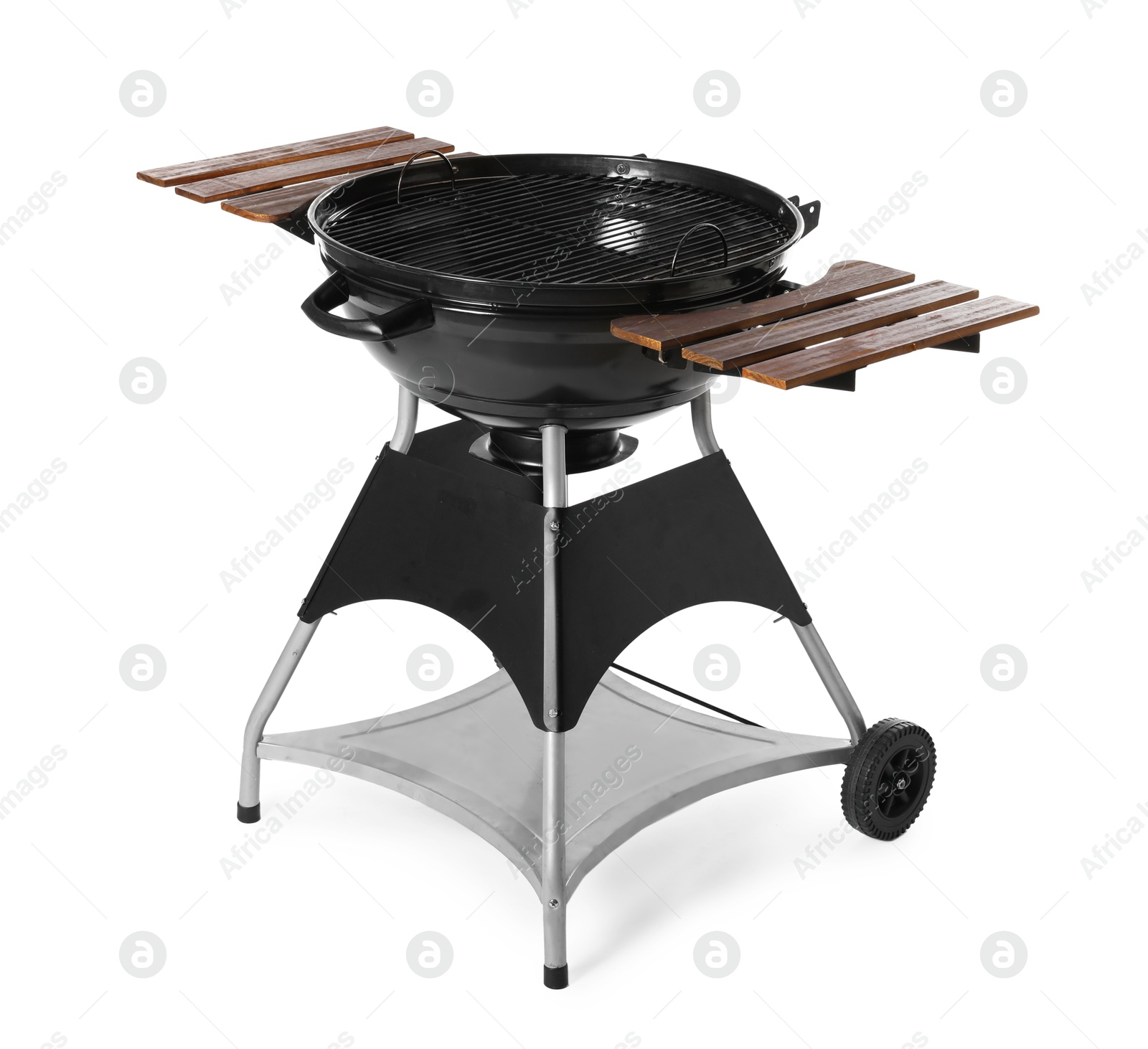 Photo of One black barbeque grill isolated on white. Cooking appliance