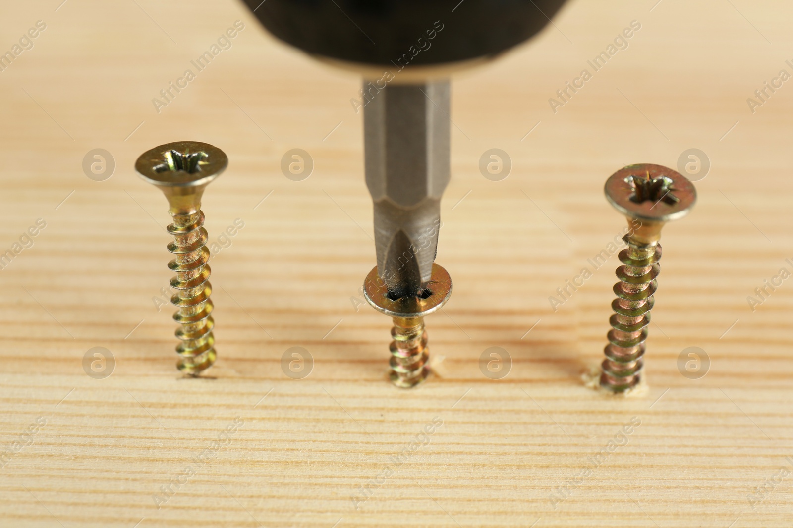 Photo of Screwing screw into wooden plank, closeup view