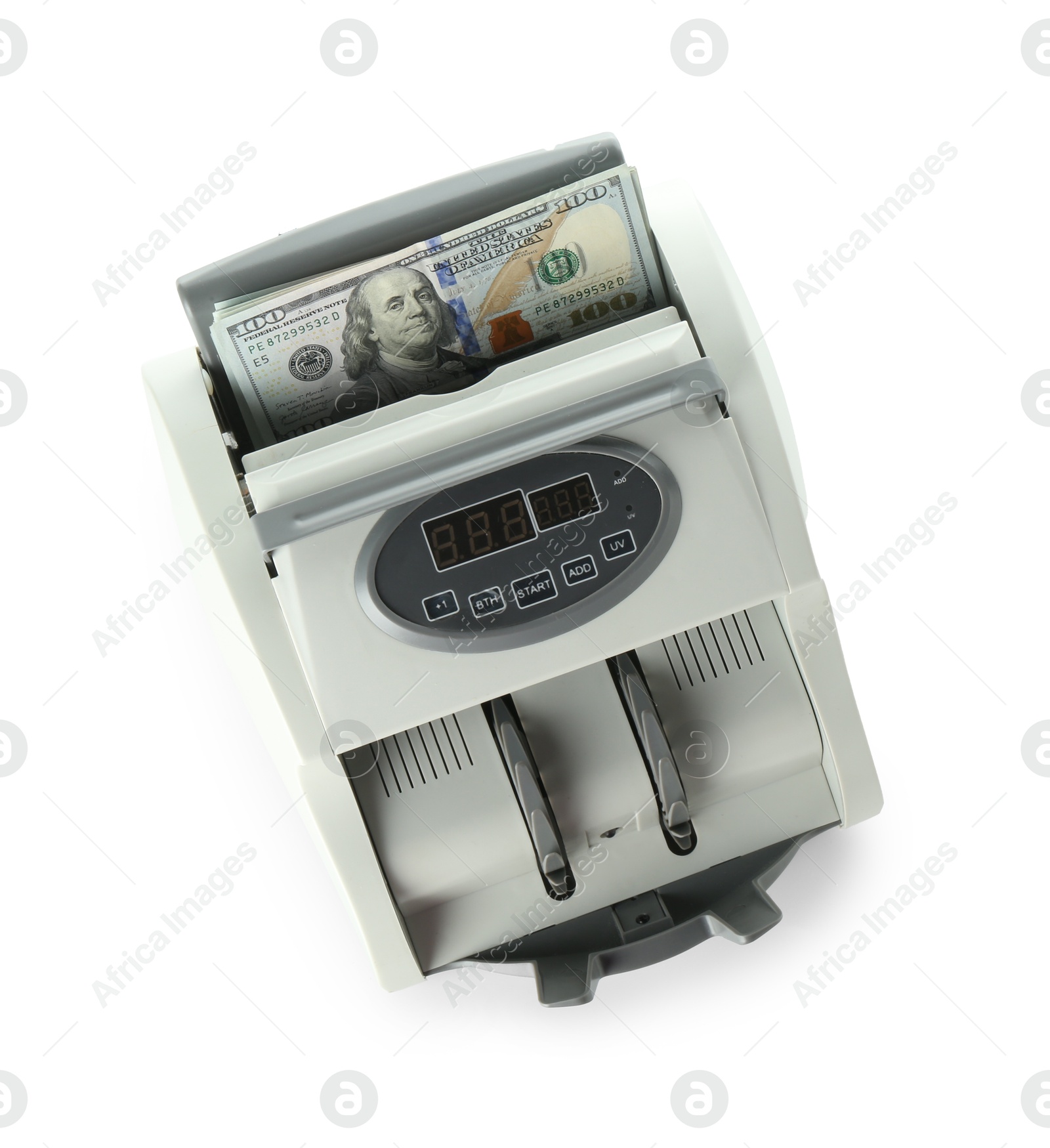 Photo of Money counter machine with dollar banknotes isolated on white, top view