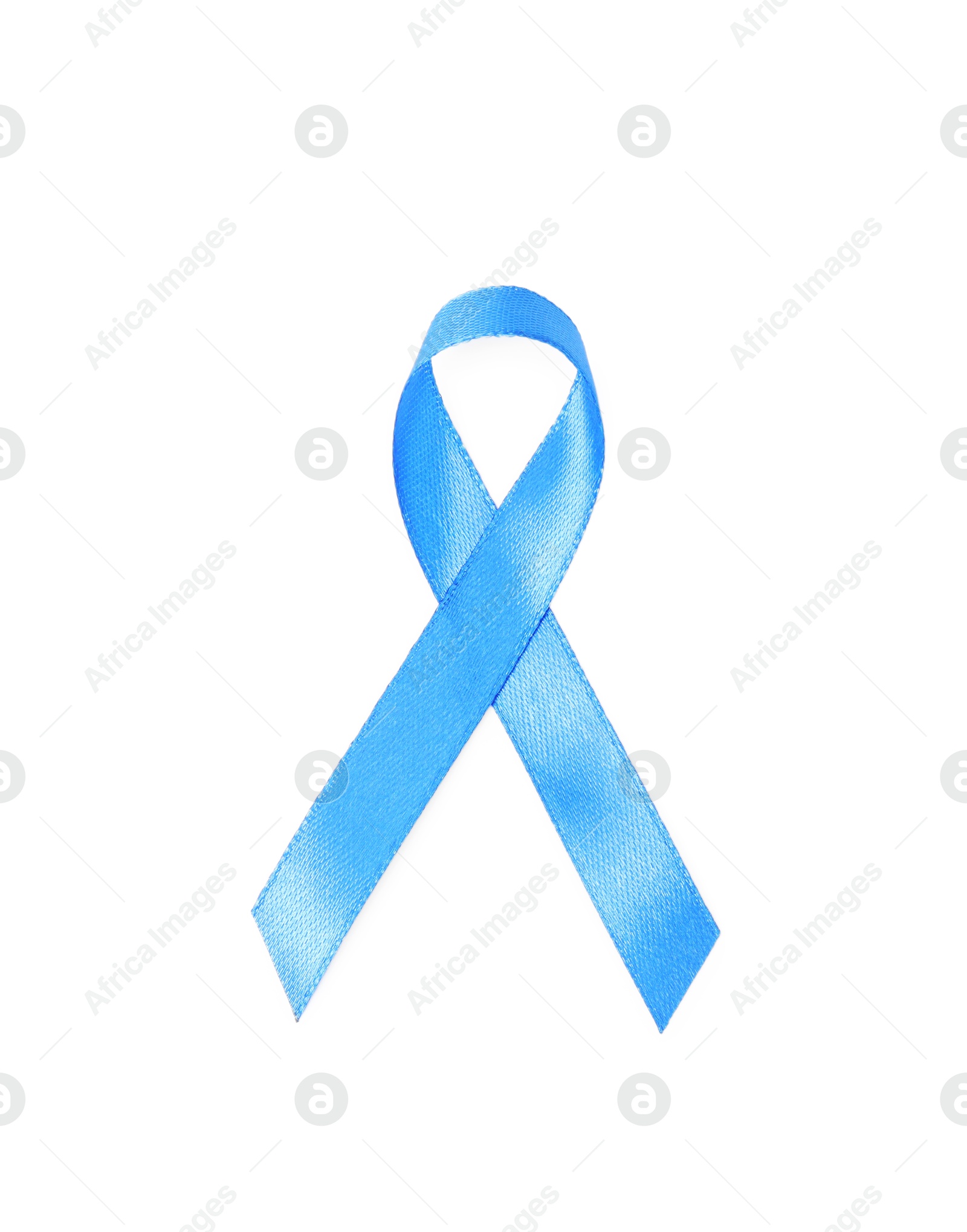 Photo of Blue ribbon isolated on white, top view. Prostate cancer awareness