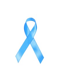 Photo of Blue ribbon isolated on white, top view. Prostate cancer awareness