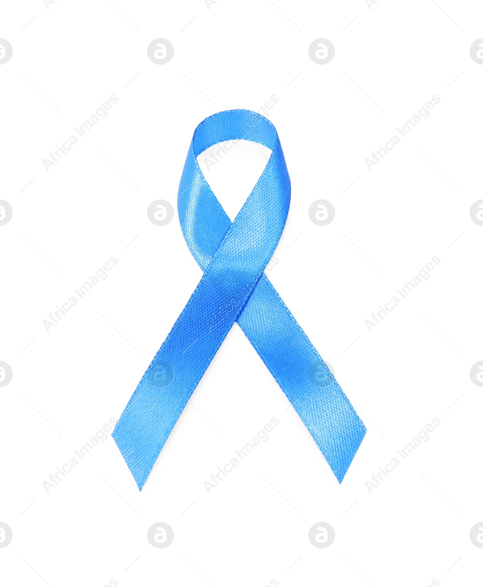 Photo of Blue ribbon isolated on white, top view. Prostate cancer awareness