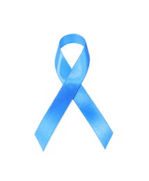 Blue ribbon isolated on white, top view. Prostate cancer awareness