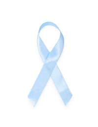 Photo of Light blue ribbon isolated on white, top view. Prostate cancer awareness