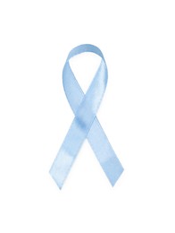 Photo of Light blue ribbon isolated on white, top view. Prostate cancer awareness