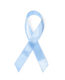 Photo of Light blue ribbon isolated on white, top view. Prostate cancer awareness