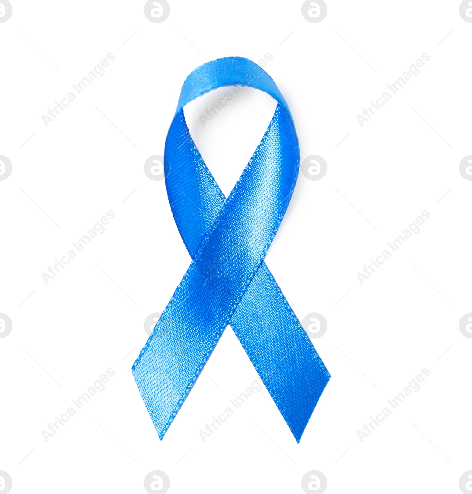 Photo of Blue ribbon isolated on white, top view. Prostate cancer awareness