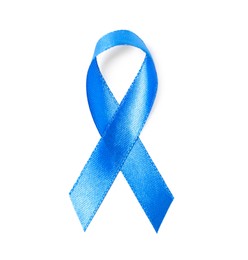 Photo of Blue ribbon isolated on white, top view. Prostate cancer awareness