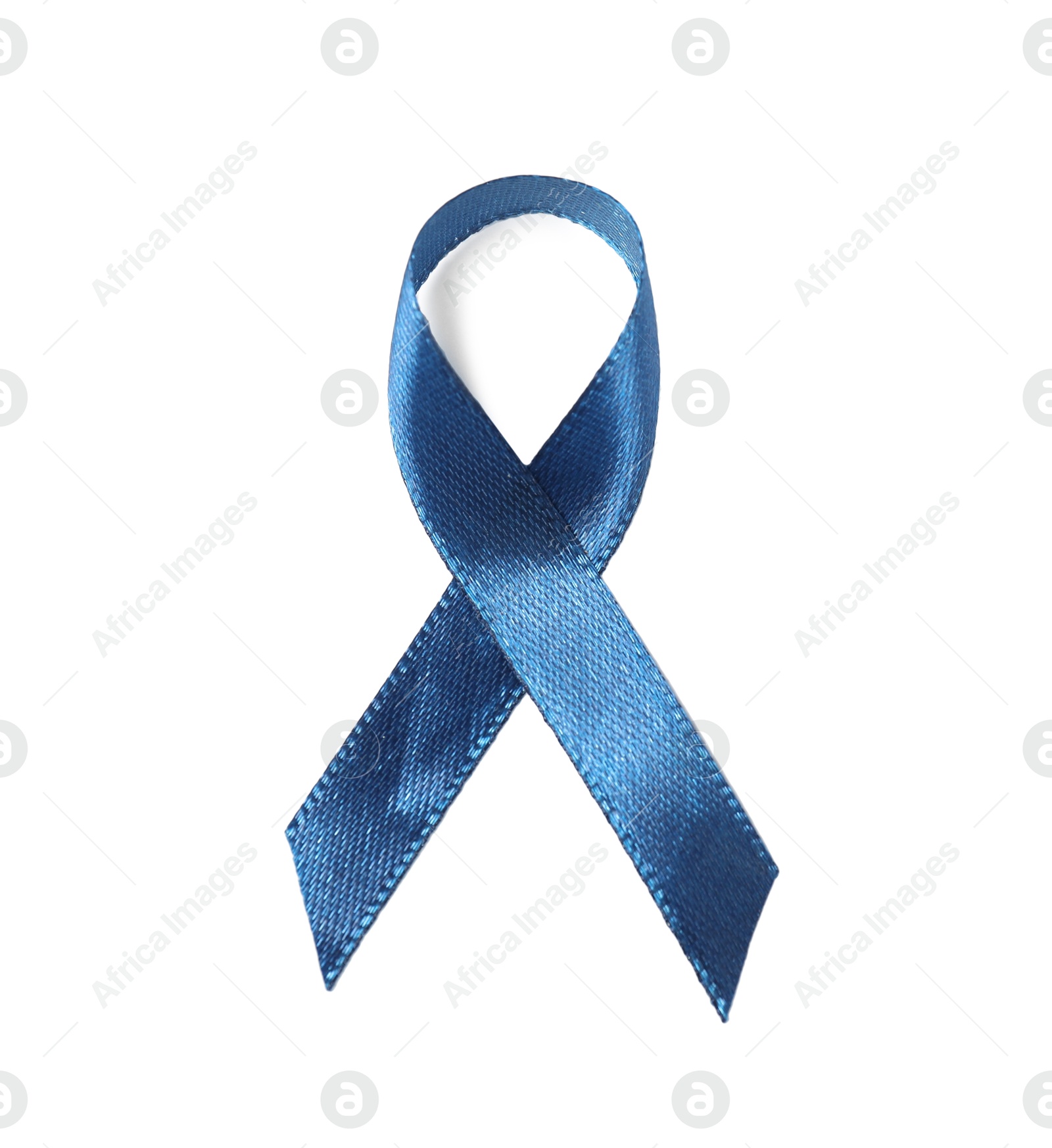 Photo of Dark blue ribbon isolated on white, top view. Prostate cancer awareness