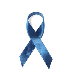 Photo of Dark blue ribbon isolated on white, top view. Prostate cancer awareness