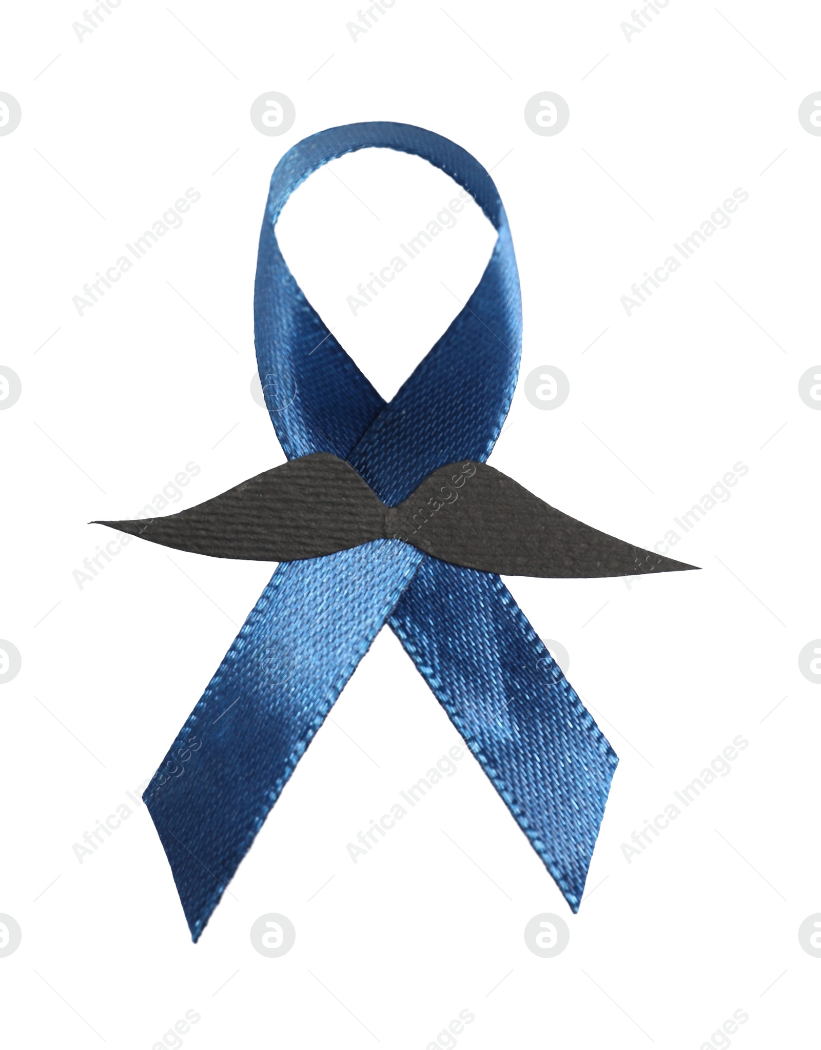 Photo of Dark blue ribbon and fake mustache isolated on white, top view. Prostate cancer awareness