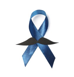 Photo of Dark blue ribbon and fake mustache isolated on white, top view. Prostate cancer awareness