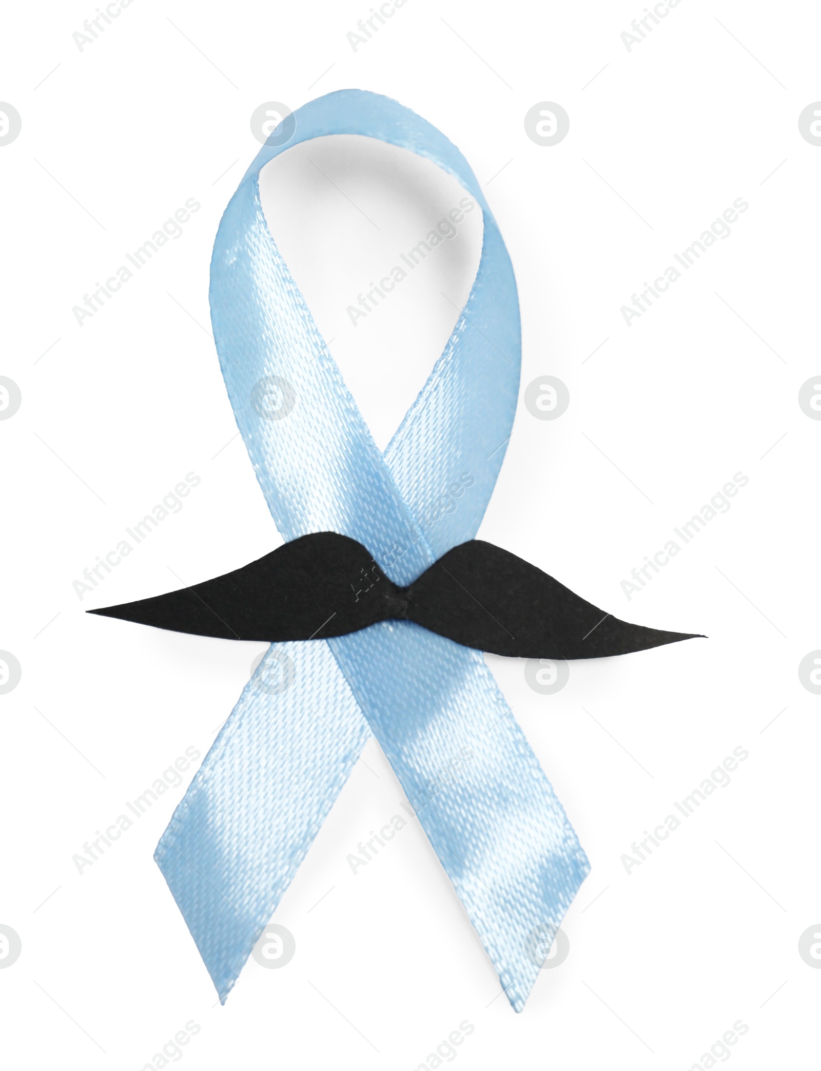 Photo of Light blue ribbon and fake mustache isolated on white, top view. Prostate cancer awareness