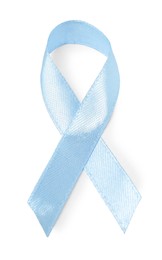 Photo of Light blue ribbon isolated on white, top view. Prostate cancer awareness