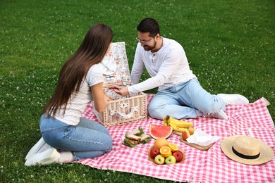 Happy couple having picnic on green grass outdoors