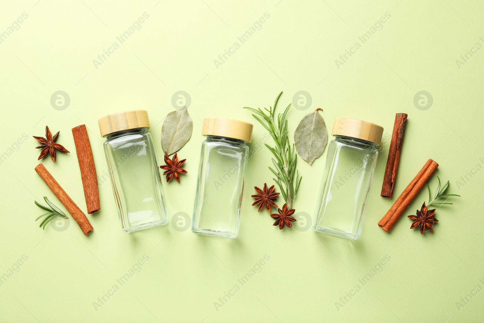 Photo of Different spices and glass jars on green background, flat lay