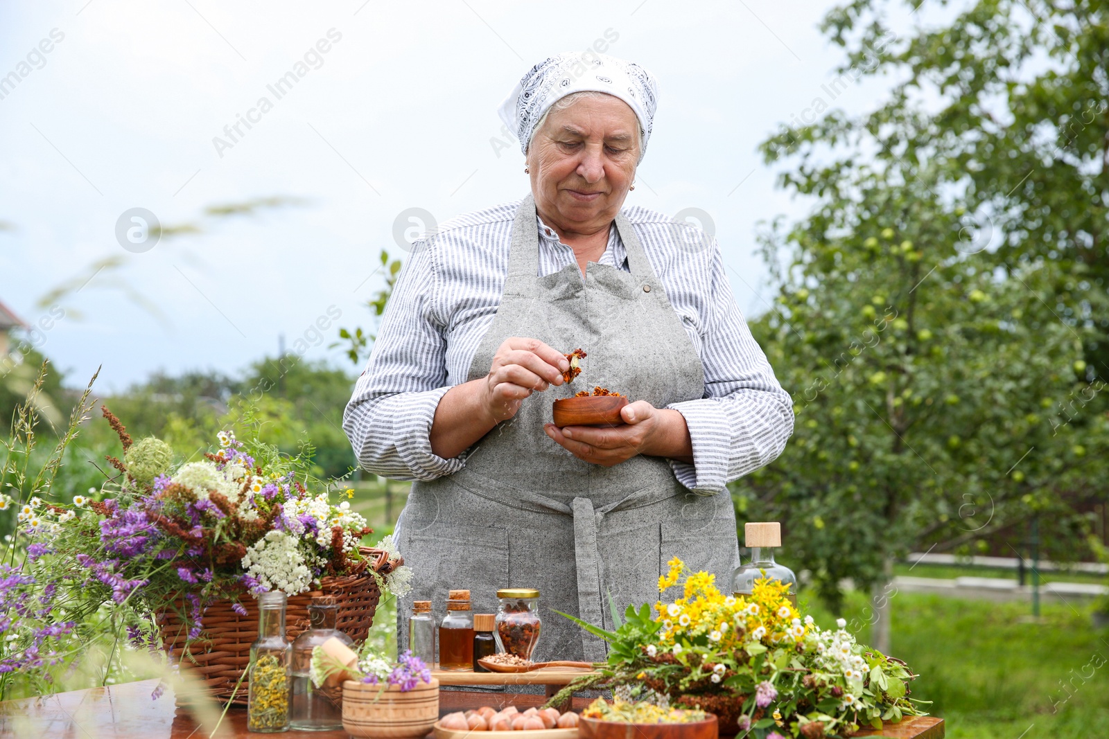 Photo of Senior woman with different ingredients for tincture at table outdoors