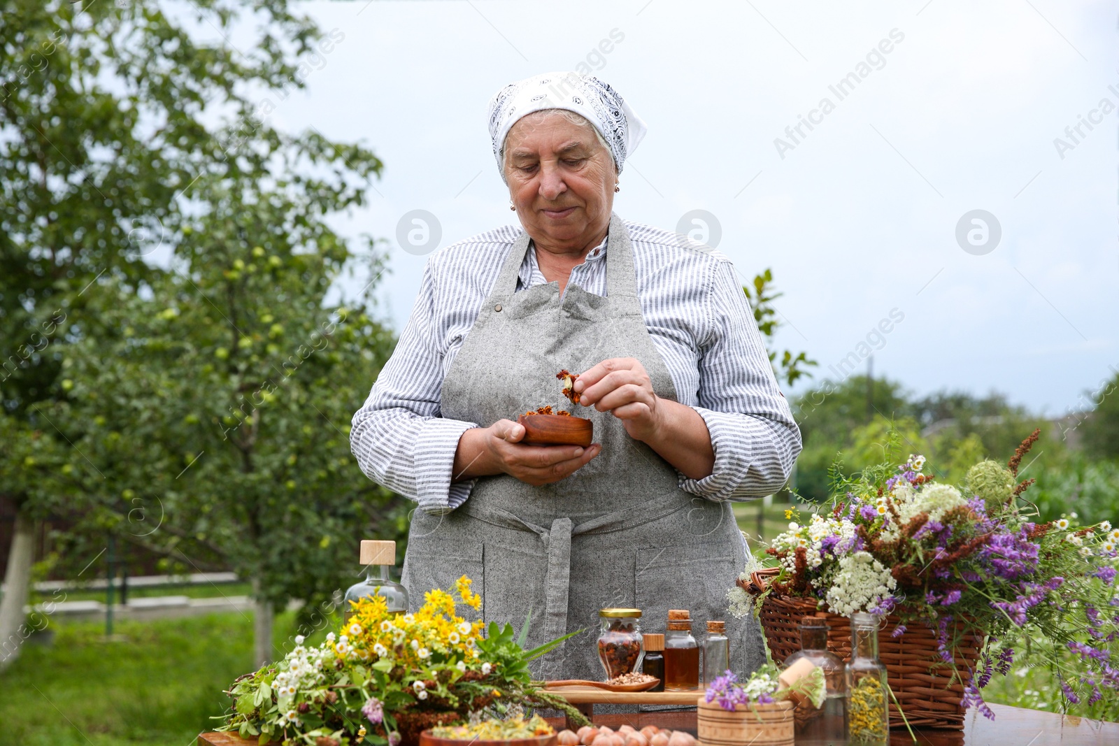 Photo of Senior woman with different ingredients for tincture at table outdoors