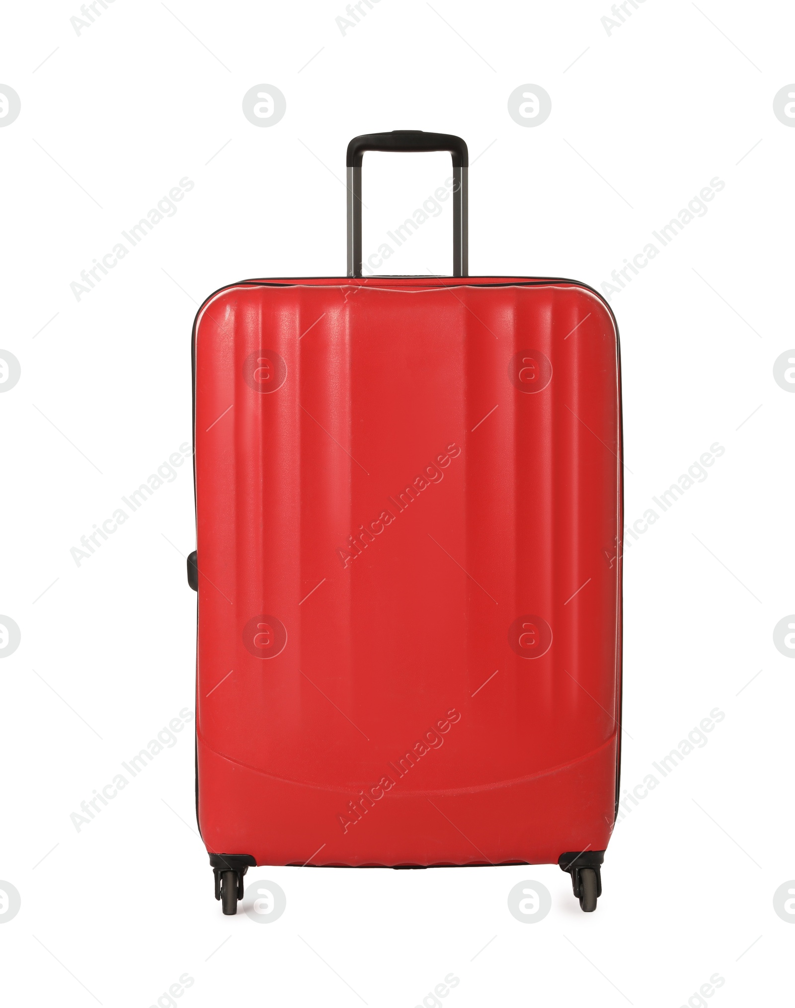 Photo of One new red suitcase isolated on white