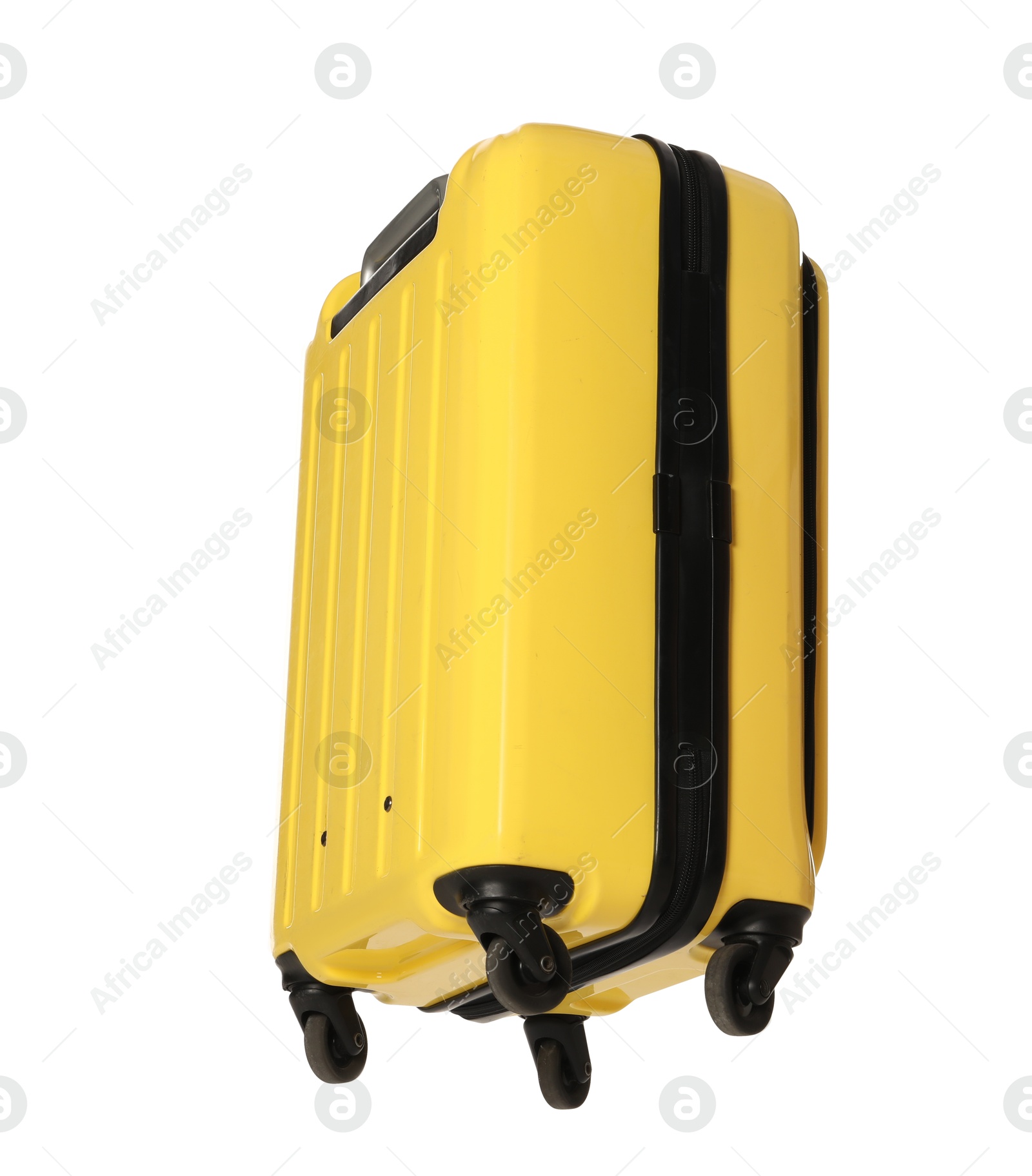 Photo of One new yellow suitcase isolated on white