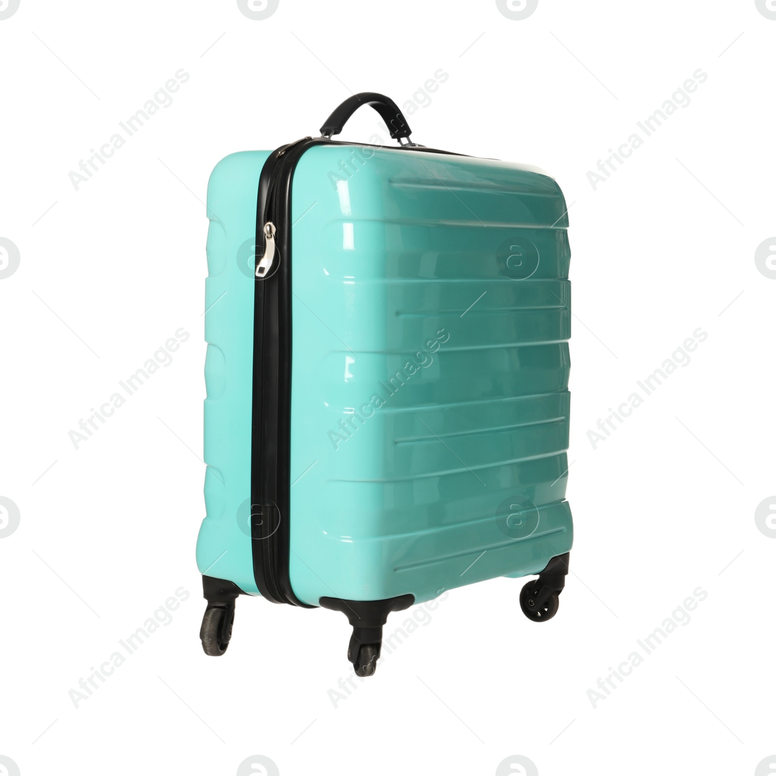 Photo of One new turquoise suitcase isolated on white