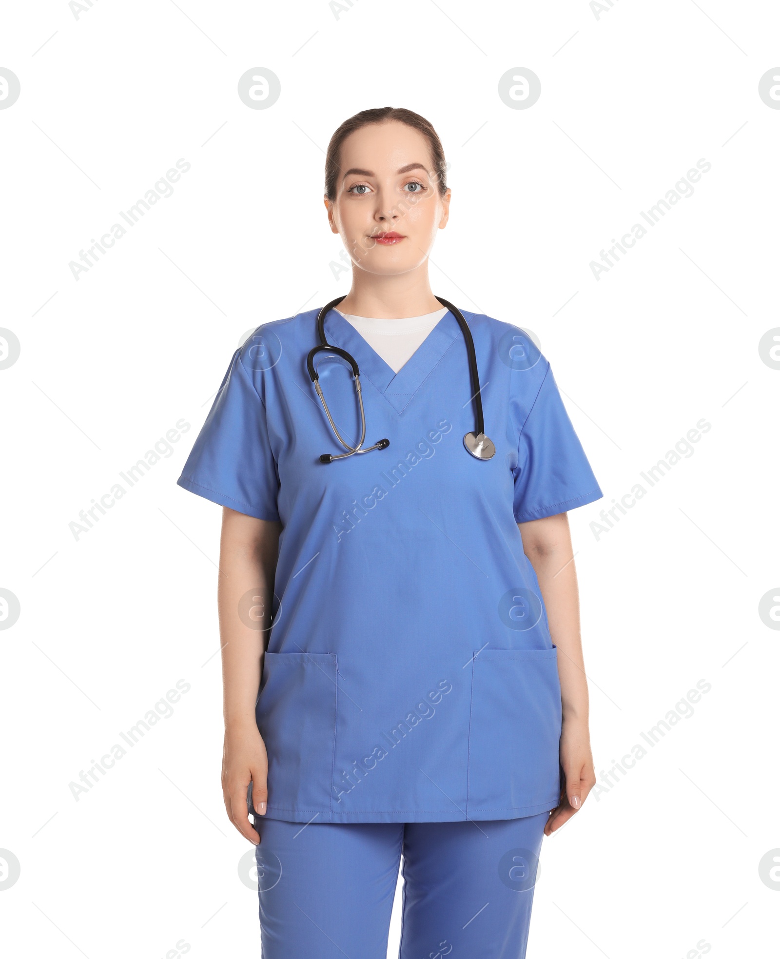 Photo of Portrait of professional nurse with stethoscope on white background