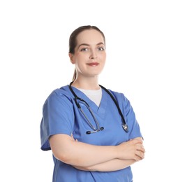 Photo of Portrait of professional nurse with stethoscope on white background