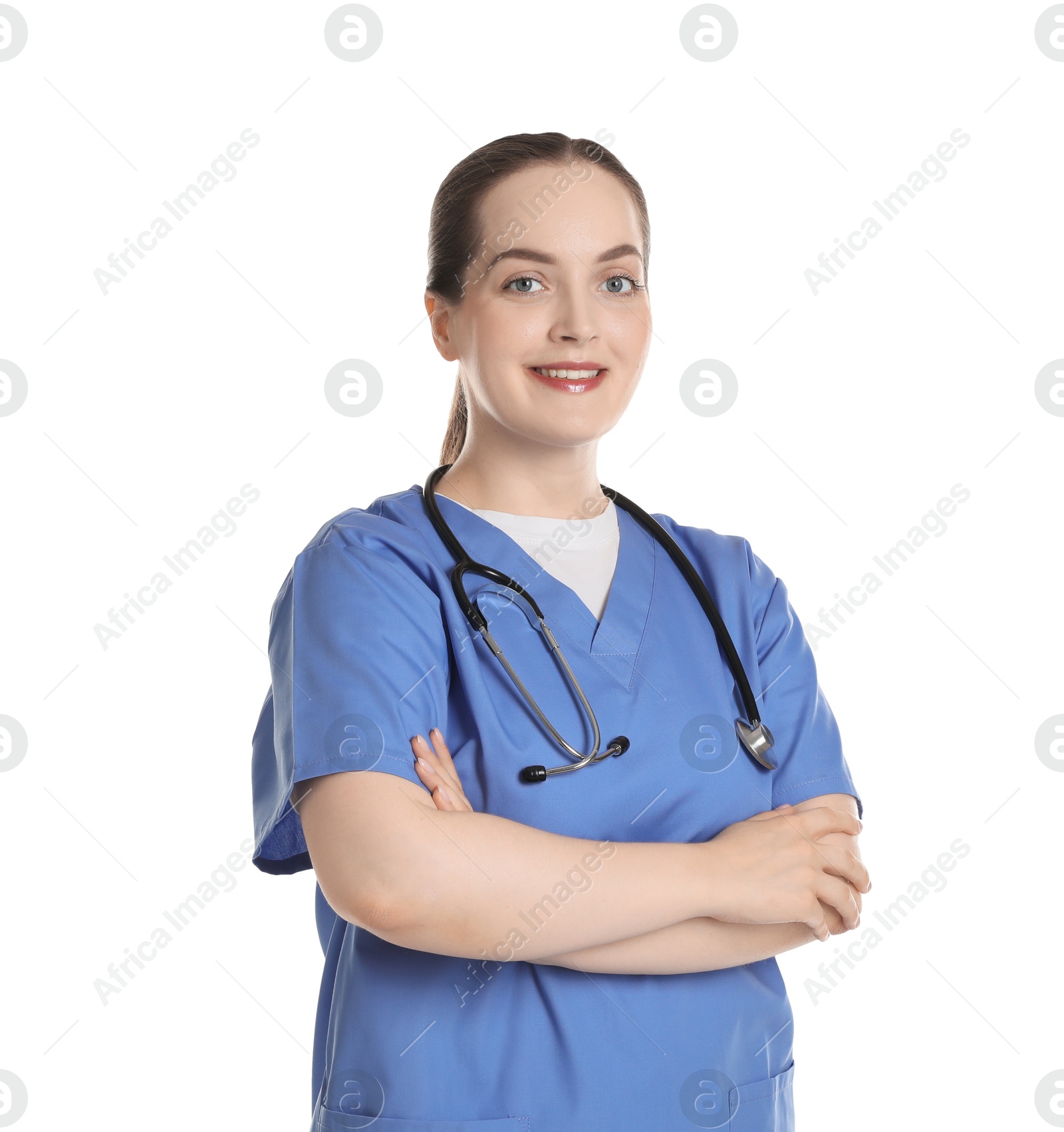 Photo of Portrait of professional nurse with stethoscope on white background