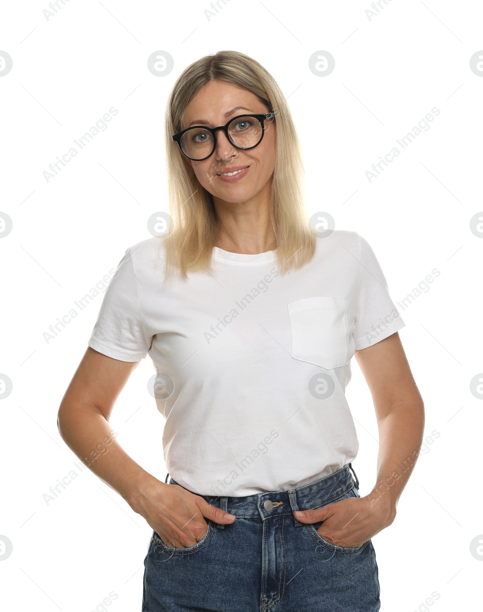 Photo of Portrait of beautiful smiling woman in glasses isolated on white